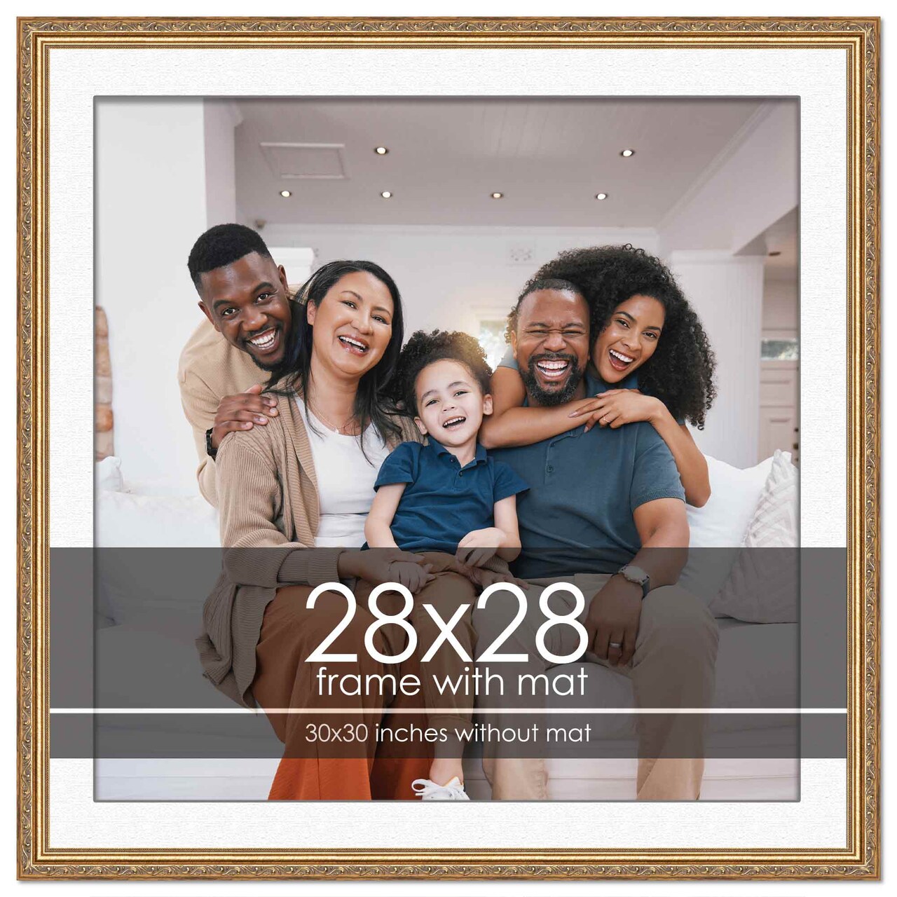 Antique Gold Frame with White Photo Mat, UV Acrylic Front, Foam Board Backing, 60 Sizes Available